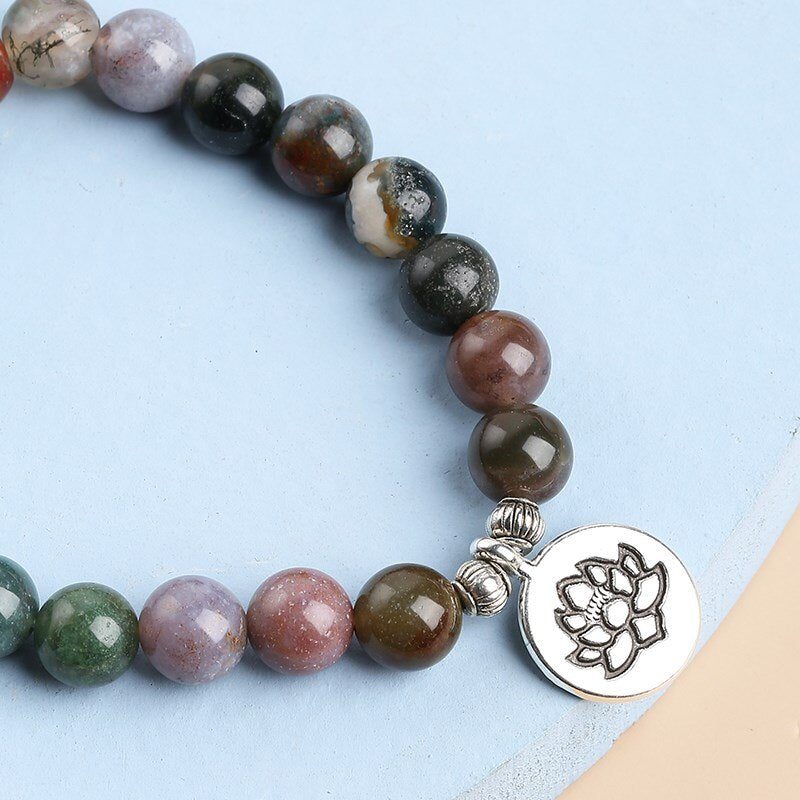 JD Natural Indian Agate Lotus Buddha Charm Bracelet Women Men Yoga Meditation Chakars Energy Strand Bangles Reiki Healing Gifts