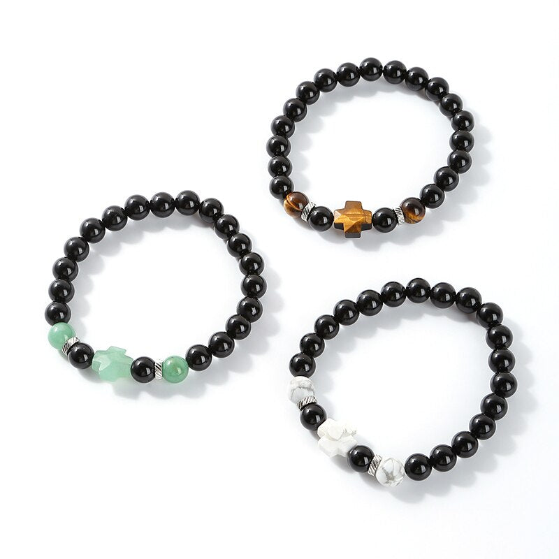 Change Better 8MM Natural Tiger Eye Faceted Stone Cross Bracelets Onyx Meditation Prayer Beaded Bracelet Women Men Yoga Wrist