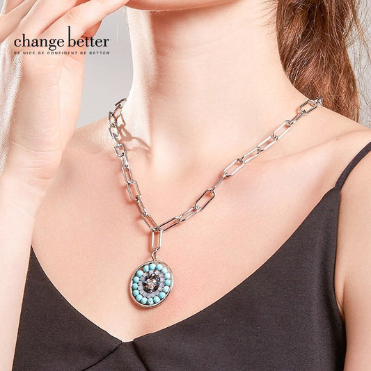 Change Better Natural Stone Rose Quartz Mandala Pendant Necklace Women Bohe Silver Color Titanium Steel Chain Choker Jewelry