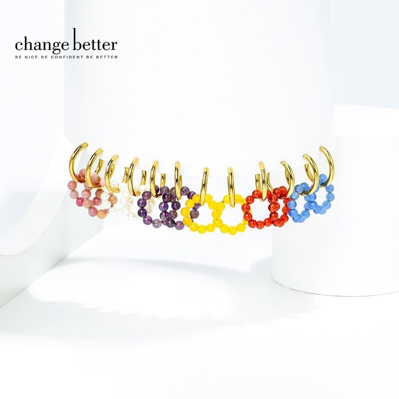 Change Better Trendy Jewelry Natural Stone Small Beads Hoop Earrings Women Colorful Gemstone Elegant Gold Color Stud Earrings