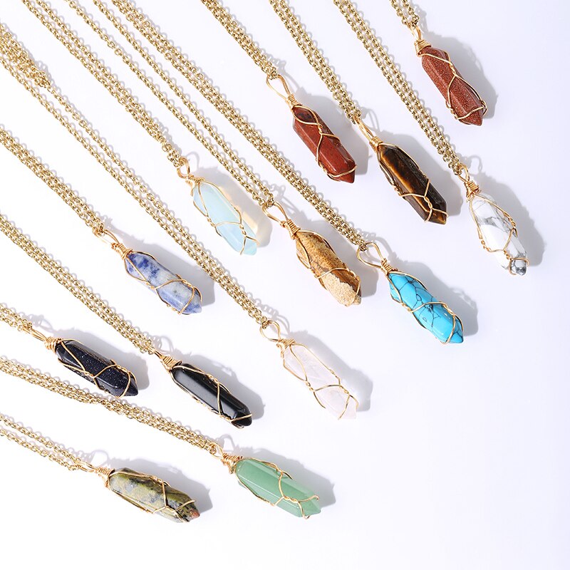 JD 13 Colors Hexagonal Cylindrical Crystal Necklace Natural Stone Pendant Wire Wrap Stone Necklace for Women Men Fashion Jewelry