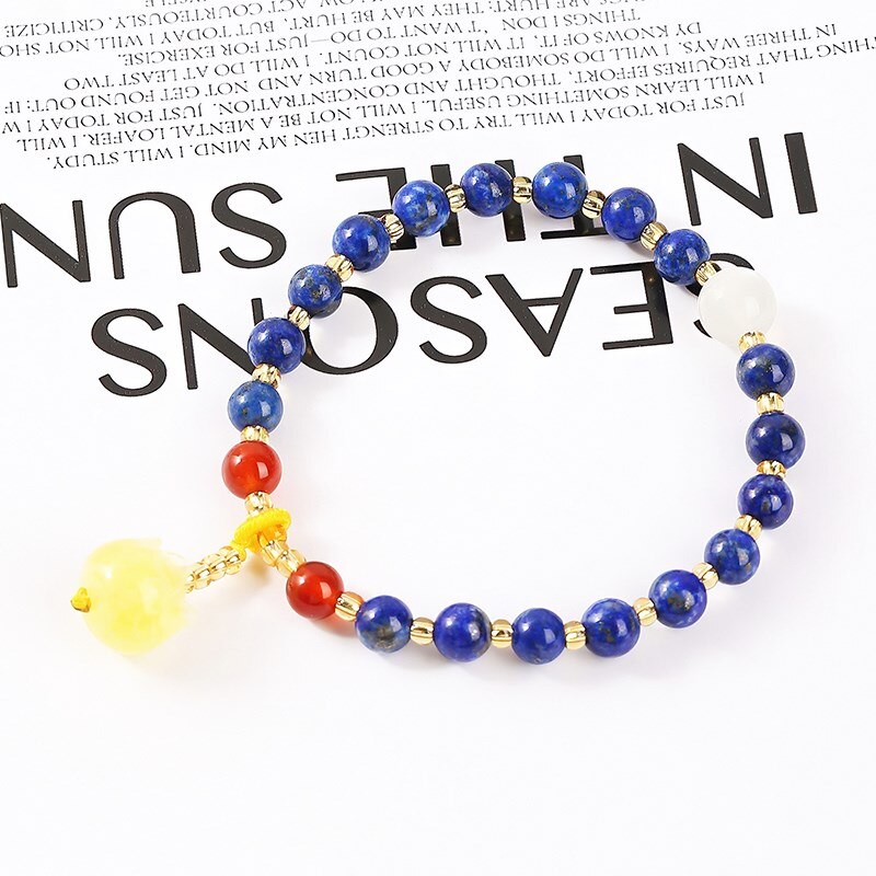 JD Natural Lapis Lazuli Amber Charm Bracelet Women 6mm Round Beads Stones Strand Wristhand Bangle Female Jewelry Gifts