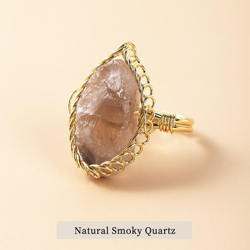 JD Natural Crystal Stone Rough Pink Quartz Braided Copper Wire Ring Women Bohe Irregular Amethysts Gold Color Adjusable Rings