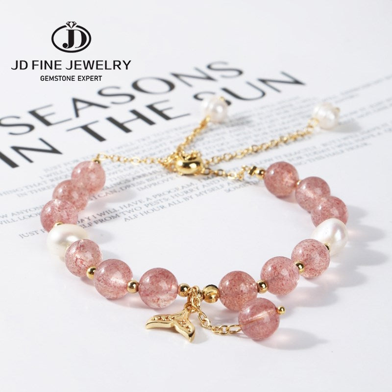 JD Natural Strawberry Quartz Mermaid Tail Charms Bracelets Women Bohemia Lucky 8mm Round Crystal Adjustable Wristband Girls Gift