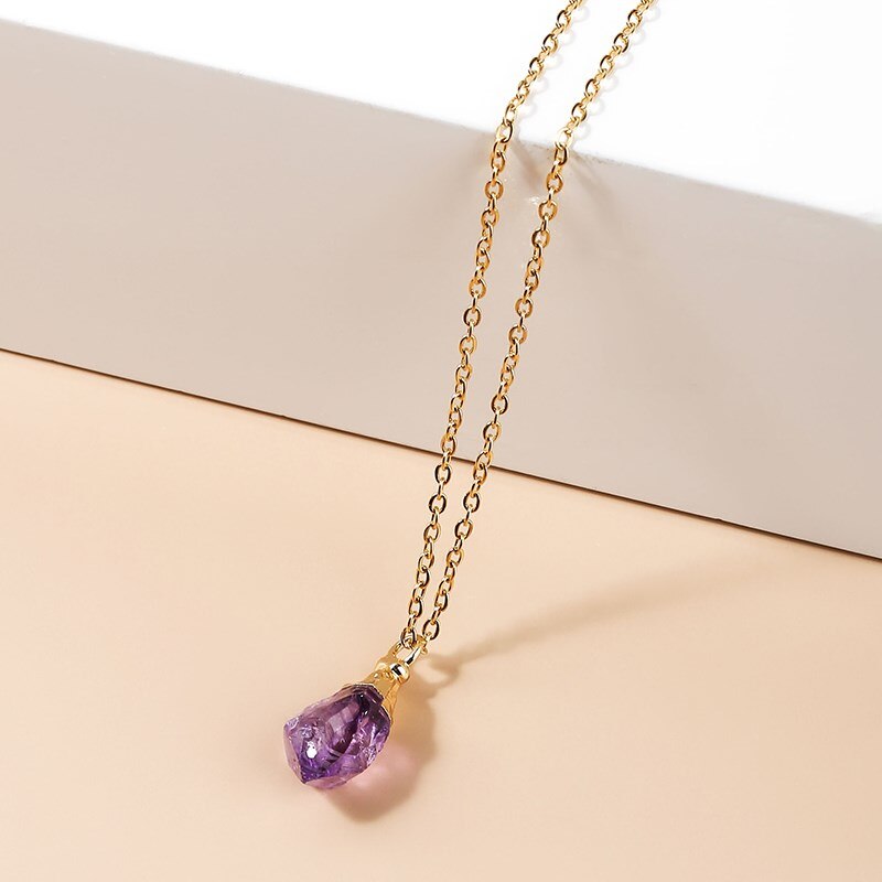 JD Alloy Purple Color Natural Amethyst Stone Chain Necklace Rhinestone Quartz Pendant Charms Necklaces Collar