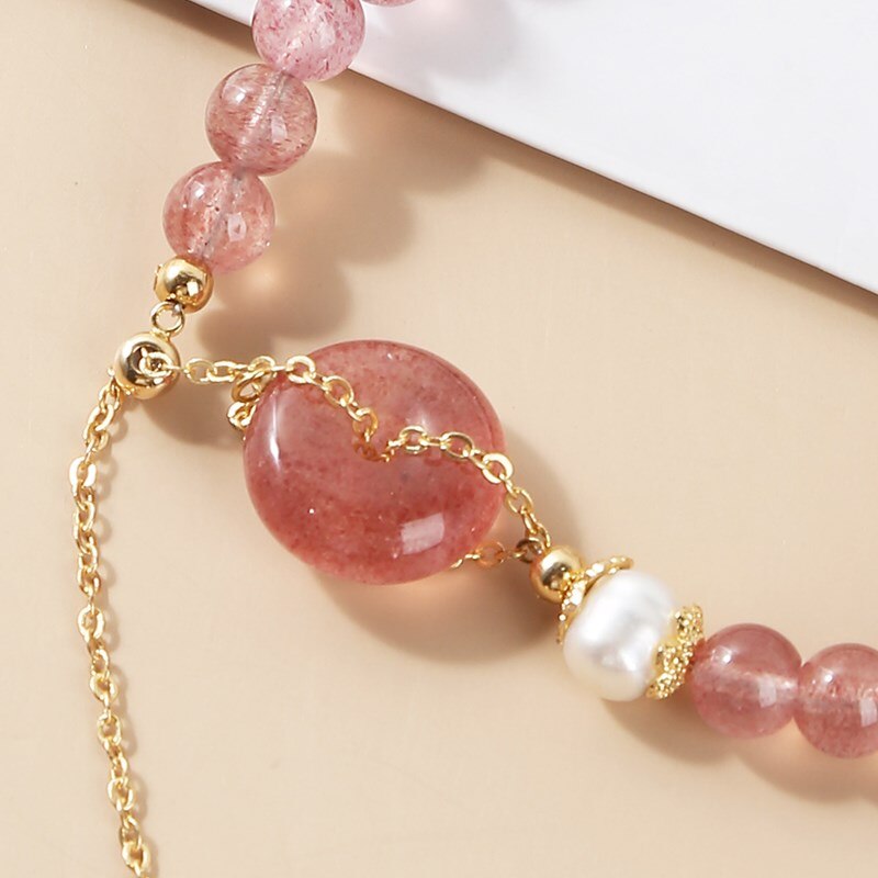 JD Natural Strawberry Quartz Beaded Bracelet Women Sweet Peace Buckle Pearl Charm Handmade Bangles Female Cute Wristband Jewelry