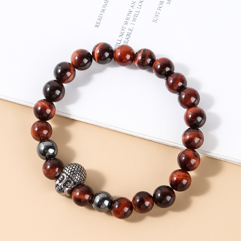 Change Better Buddha Head Bracelets Natural Hematite Tiger Eye Beads Bangle Handmade Elastic Yoga Energy Jewelry For Men Women