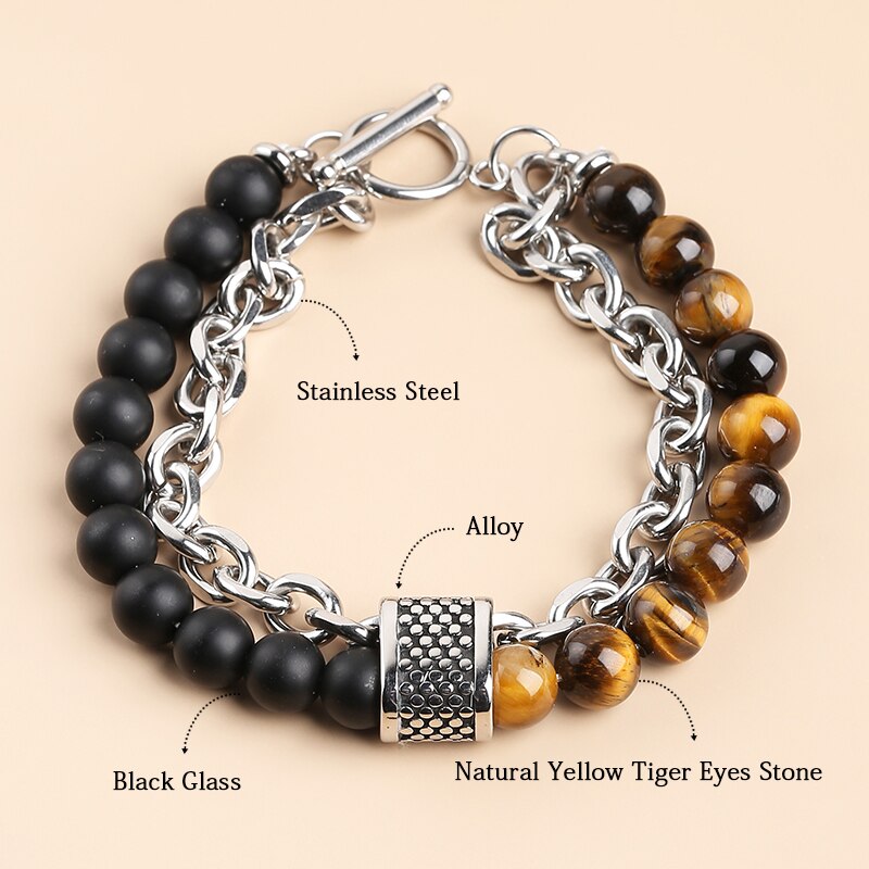 CHANGE BETTER Natural Tiger Eye Men's Beaded Bracelets Classic Stainless Steel Alloy Chain Health Energy Weight Loose Bangles