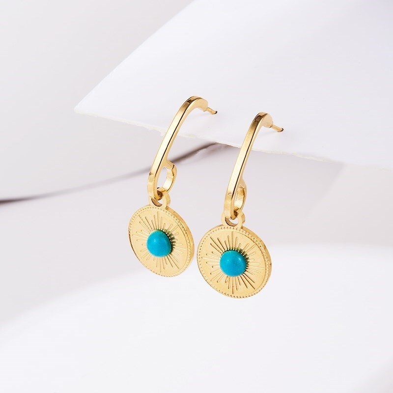 Change Better Natural Green Turquoise Inlay Round Earring Women Bohe Gold Color Titanium Steel Sunshine Drop Ear Studs Jewelry