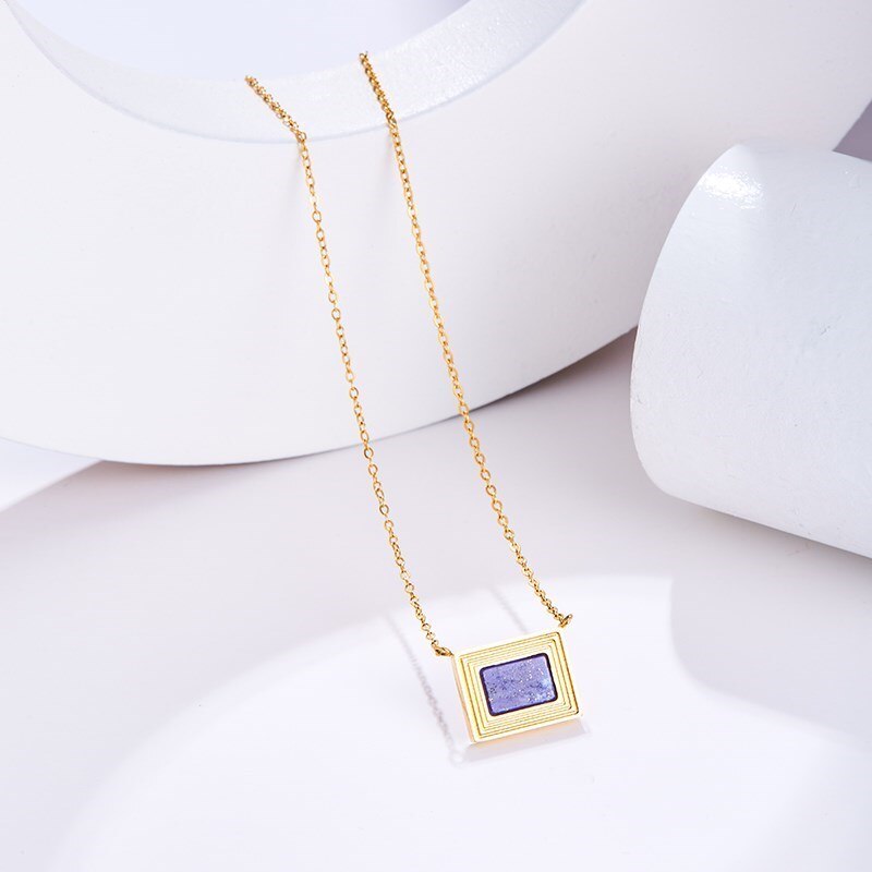 Change Better Gold Color Stainless Steel Square Geometric Pendant Necklace Women Elegant Natural Lapis Lazuli Inlay Jewelry Gift