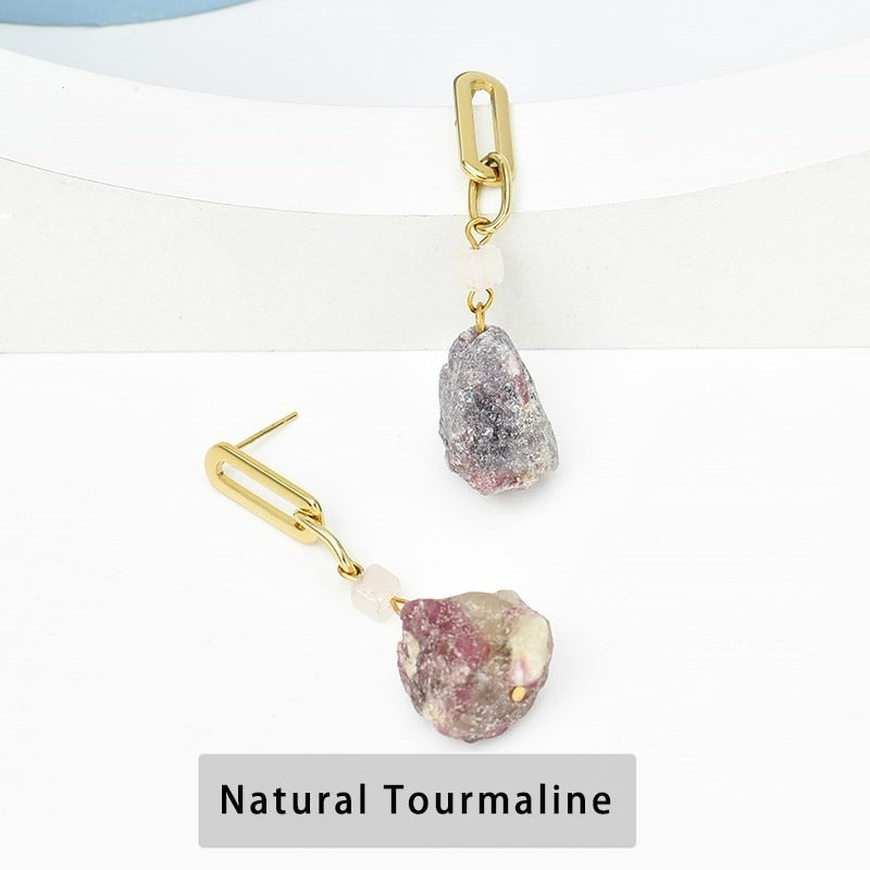 Change Better Natural Rose Quartz Rough Stone Dangle Earring Women Bohe Stainless Steel Raw Crystal Hoop Ear Stud Jewelry Gift