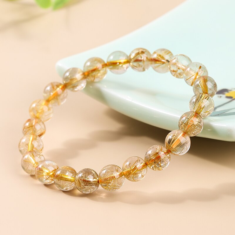 JD Natural Ice Gold Color Rutilated Quartz Bead Bracelet Women Fashion Reiki Healing Crystal Clear Bead Strand Bangles Gifts
