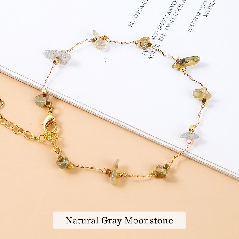 JD Natural Citrines Gravel Stone Bracelets For Women Trendy Minimalist Gray Moonstone Crystal Bead Bangles Adjustable Wristband