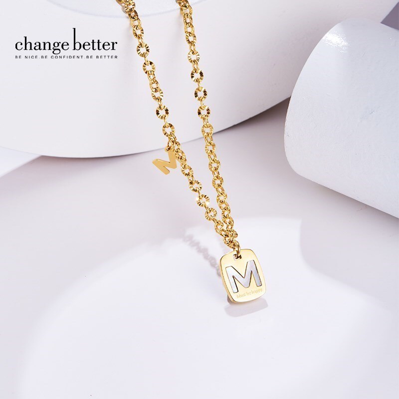 Change Better Natural Fritillaria Letter M Pendant Necklace Women Trendy Must Be Happy Gold Color Titanium Steel Choker Jewelry