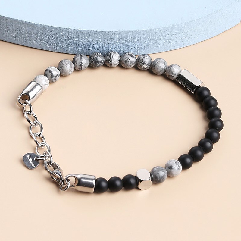 CHANGE BETTER 6mm Natural Map Stone Chain Round Beaded Bracelet Men Charm Stainless Steel Clasp Bangles Handmade Jewelry Gifts