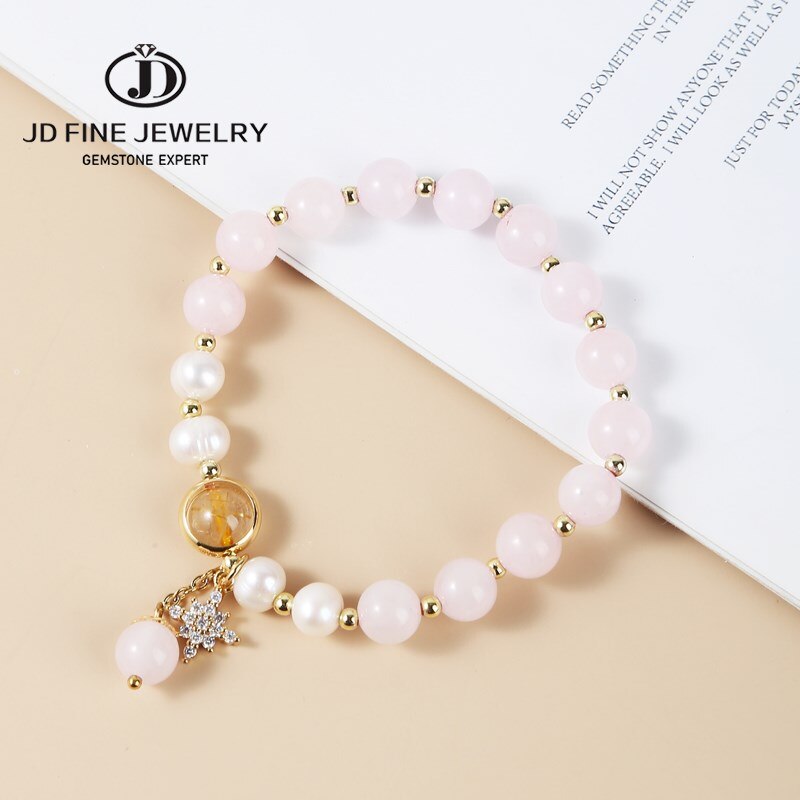 JD Natural Pink Quartz Pearl Lucky Beads Bracelet Women Sweet Luxury Zircon Pendant Bracelets Girlfriend Summer Jewelry Gifts