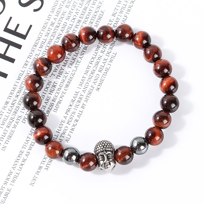 Change Better Buddha Head Bracelets Natural Hematite Tiger Eye Beads Bangle Handmade Elastic Yoga Energy Jewelry For Men Women