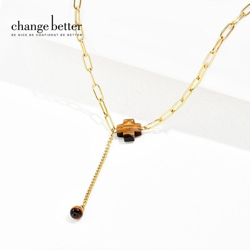 CHANGE BETTER Stainless Steel Natural Stone Bead Necklace Women Green Aventurine Gold Plated Choker Chain Necklace Trend Jewelry