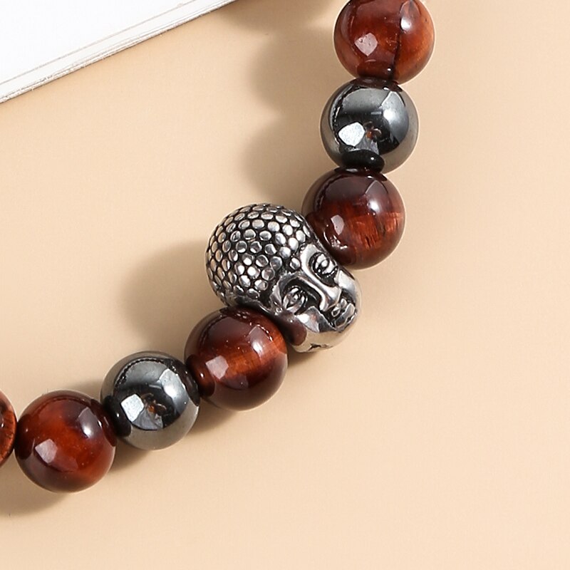 Change Better Buddha Head Bracelets Natural Hematite Tiger Eye Beads Bangle Handmade Elastic Yoga Energy Jewelry For Men Women