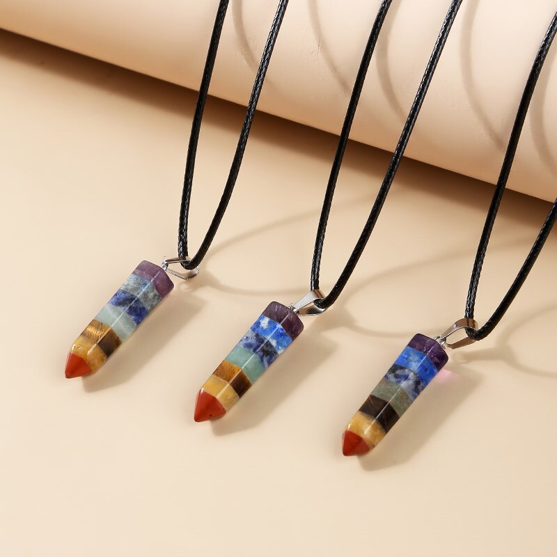 JD Natural Crystal Pendant Colourful Necklace Hexagonal Pendulum Seven Chakras Mineral Jewelry Healing Stone Souvenir Gift