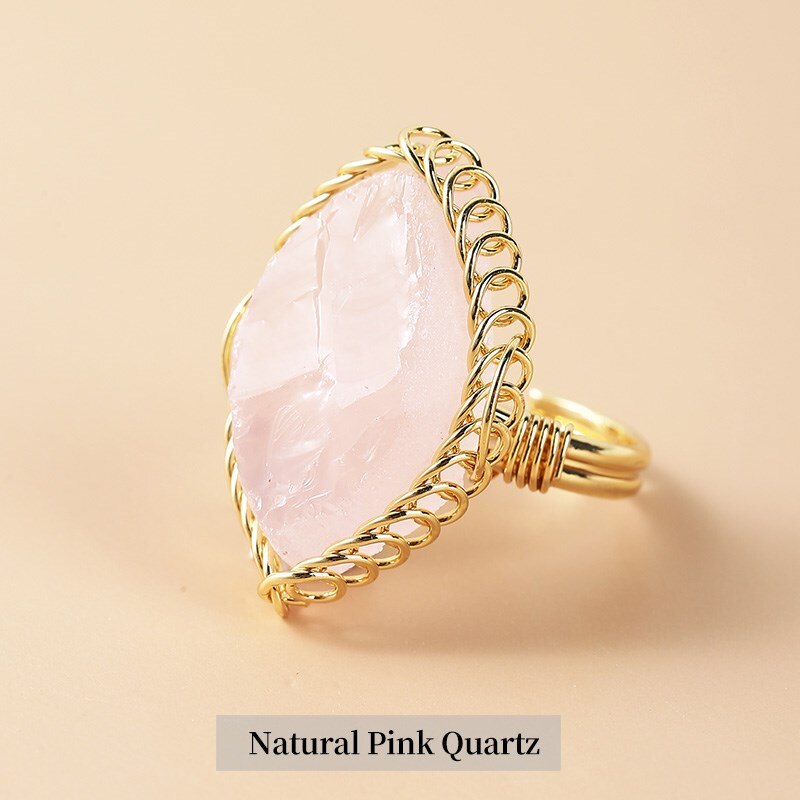 JD Natural Crystal Stone Rough Pink Quartz Braided Copper Wire Ring Women Bohe Irregular Amethysts Gold Color Adjusable Rings