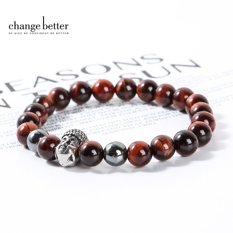 Change Better Buddha Head Bracelets Natural Hematite Tiger Eye Beads Bangle Handmade Elastic Yoga Energy Jewelry For Men Women