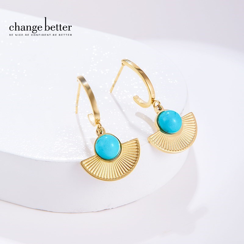 Change Better Stainless Steel Turquoise Earring Women Trendy Natural Stone Personalized Gold Color Fan-shaped Jewelry Gifts