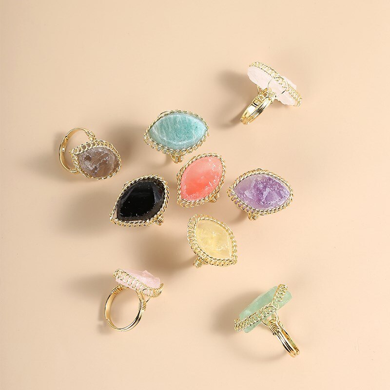 JD Natural Crystal Stone Rough Pink Quartz Braided Copper Wire Ring Women Bohe Irregular Amethysts Gold Color Adjusable Rings