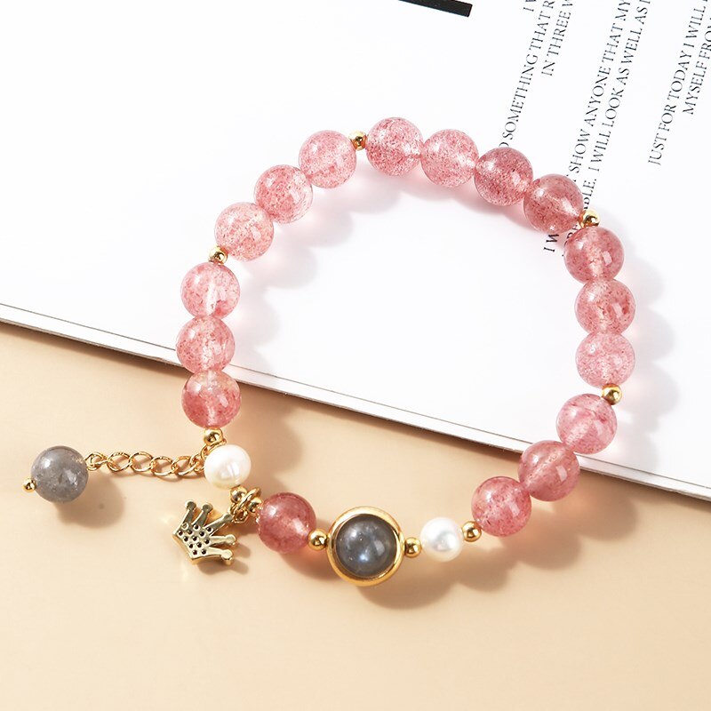 JD Natural Strawberry Quartz Moonstone Crystal Beaded Bracelets Women Lucky Healing Crown Charms Elastic Bangles Wristband Gift