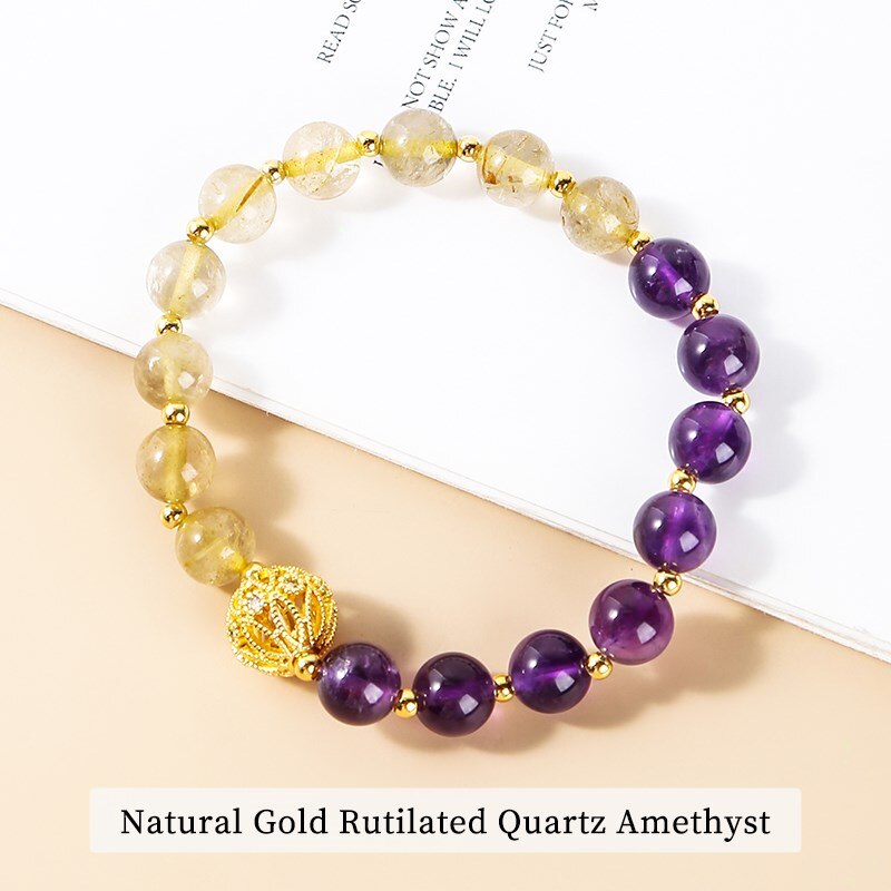 JD Natural Golden Rutilated Quartz Metal Ball Bracelets Women Strawberry Crystal Healing Wristband Girl Summer Energy Gift