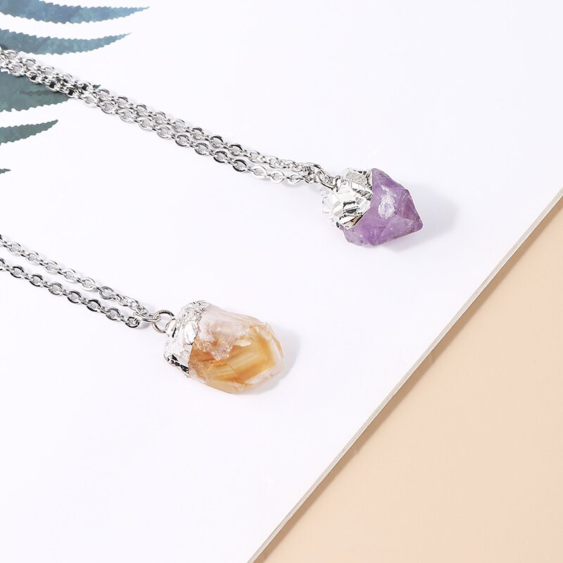 JD Initial Stone Pendant Genuine Crystal Rough Stone Citrine Amethyst Edged DIY Charm Stone Necklace Assorted Color to Choose