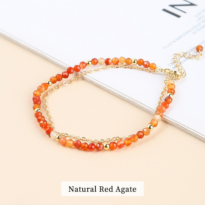 JD 3mm Natural Faceted Rhodochrosite Agate Double Layer Bracelet Women Gold Color Chain Semi-Precious Jewelry Thin Bangles Gifts