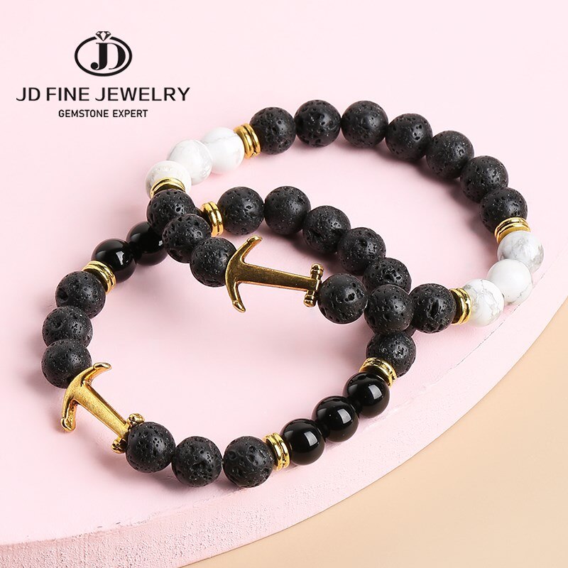 JD Natural Volcanic Stone Gold Color Anchor Bead Bracelets Men Women Round Lava Stone Elastic Strand Bangles Lucky Wrist Jewelry