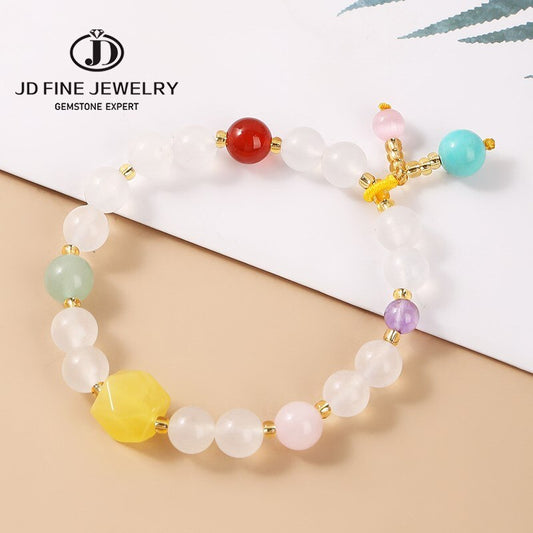 JD Natural White Jade Round Beads Amber Stone Charm Strand Bracelets Women Bohe Handmade Bangles For Girls Summer Jewelry Gift