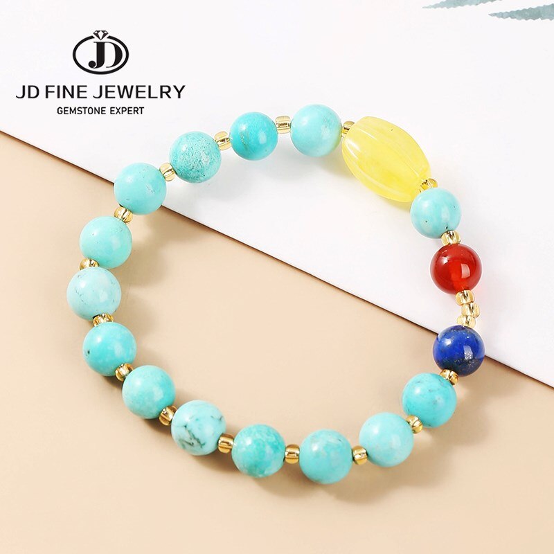 JD Blue Turquoise Amber Beads Bracelet For Women Fashion Colorful Elastic Round Stone Charm Crystal Jewelry Bangles Gifts