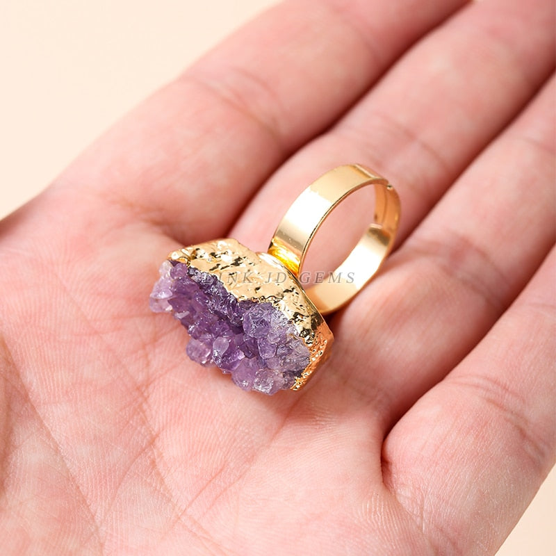 Change Better Irregular Natural Amethyst Cluster Rough Stone Gold Plating Open Rings Women Reiki Healing Adjustable Party Gifts