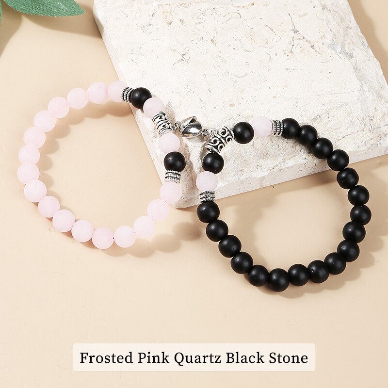 JD 8MM Natural Matte Black Jasper Pink Chalcedony Magnet Heart Shaped Couple Bracelet Distance Stone Bracelet Jewelry Gifts