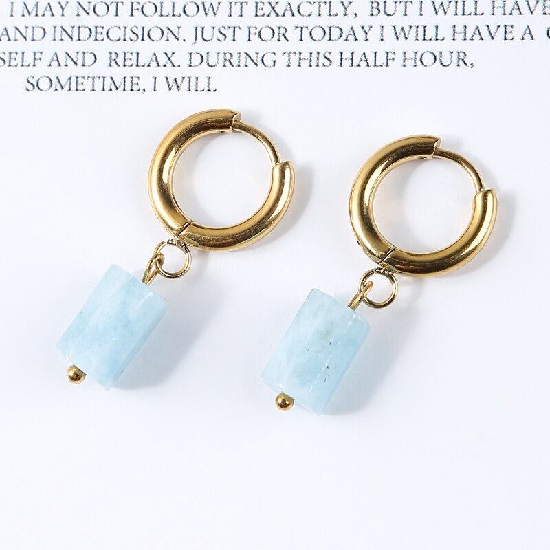 Change Better Natural Aquamarine Cylinder Shape Drop Earrings Women Amethyst Stainless Steel Round Buckle Ear Studs Female Gifts