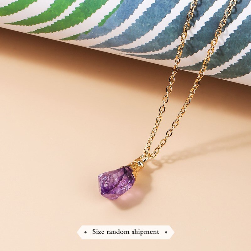 JD Alloy Purple Color Natural Amethyst Stone Chain Necklace Rhinestone Quartz Pendant Charms Necklaces Collar