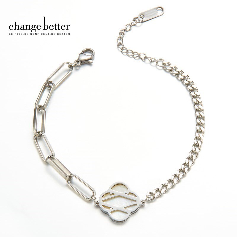 CHANGE BETTER Natural White Shell Four-leaf Clover Chain Bracelet Women Silver Color Stainless Steel Lucky Adjustable Bangles