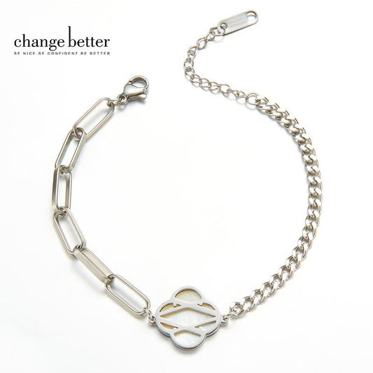 CHANGE BETTER Natural White Shell Four-leaf Clover Chain Bracelet Women Silver Color Stainless Steel Lucky Adjustable Bangles