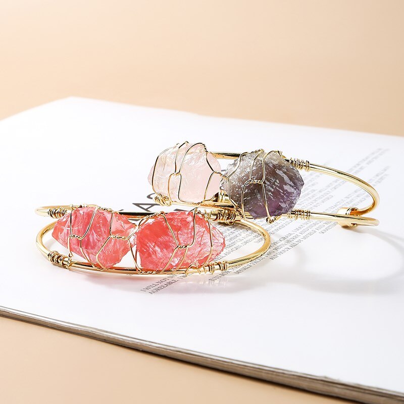 JD Natural Stone Amethysts Pink Quartz Bangles Women Bohemia Rough Ore Mineral Cuff Copper Bracelet Gold Color Wire Wrap Jewelry