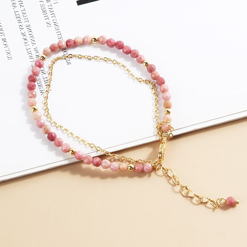 JD 3mm Natural Faceted Rhodochrosite Agate Double Layer Bracelet Women Gold Color Chain Semi-Precious Jewelry Thin Bangles Gifts