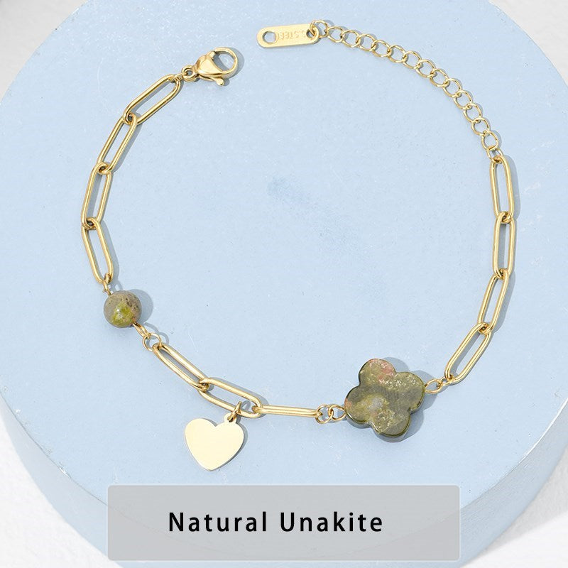 CHANGE BETTER Natural Stone Lucky Four-Leaf Clover Chain Bracelet Women Green Aventurine Turquoises Gems Titanium steel Bangles