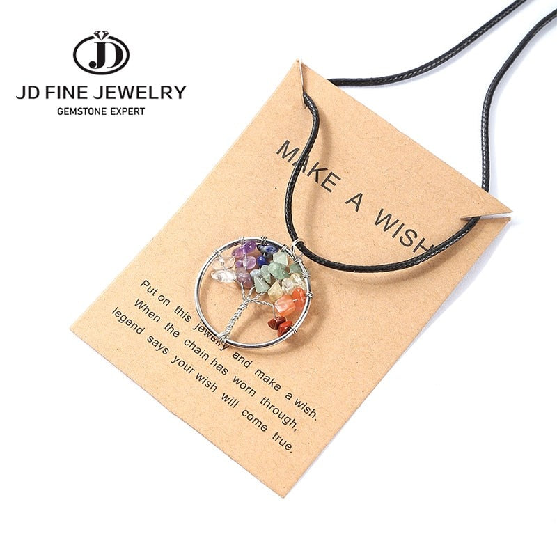 JD 7 Chakra Quartz Natural Gavel Stone Tree of Life Pendulum Pendant Necklace for Women Bohe Healing Crystal Reiki Jewelry Gift