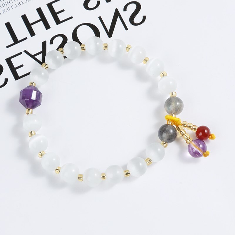 JD Cute Cat Eyes Amethysts Charm Lucky Bracelet Women Natural Opal Round Beads Stone Agate Bangles Handmade Jewelry Girl Gifts