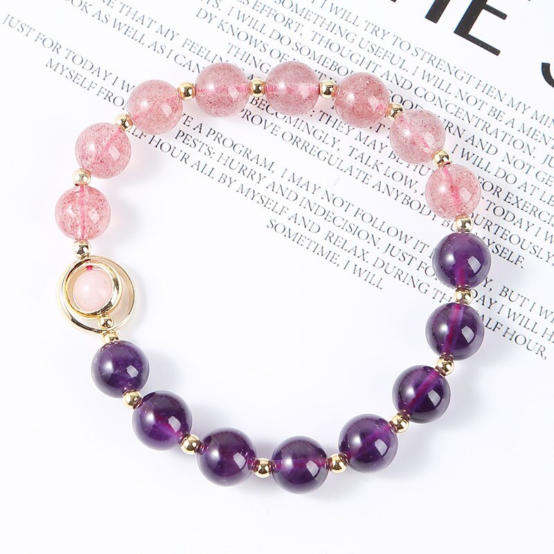 JD Natural Amethysts Strawberry Quartz Women Bracelets Gold Color Round Beads Crystal Bangles Female Fashion Jewelry Gifts