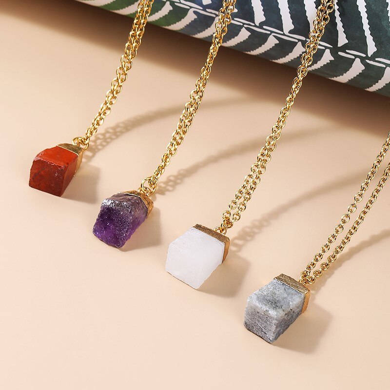 JD Trendy Gold Color Matal & Multicolour Natural Stone Chain Necklace Red Jasper Rock Quartz Pendant Charms Necklaces Wholesale