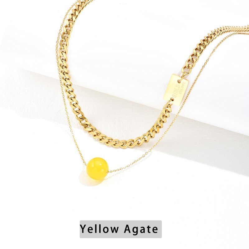 CHANGE BETTER Simple Natural Agate Bead Pendant Necklace For Women Hip Hop Gold Color Stainless Steel Double Chain Choker