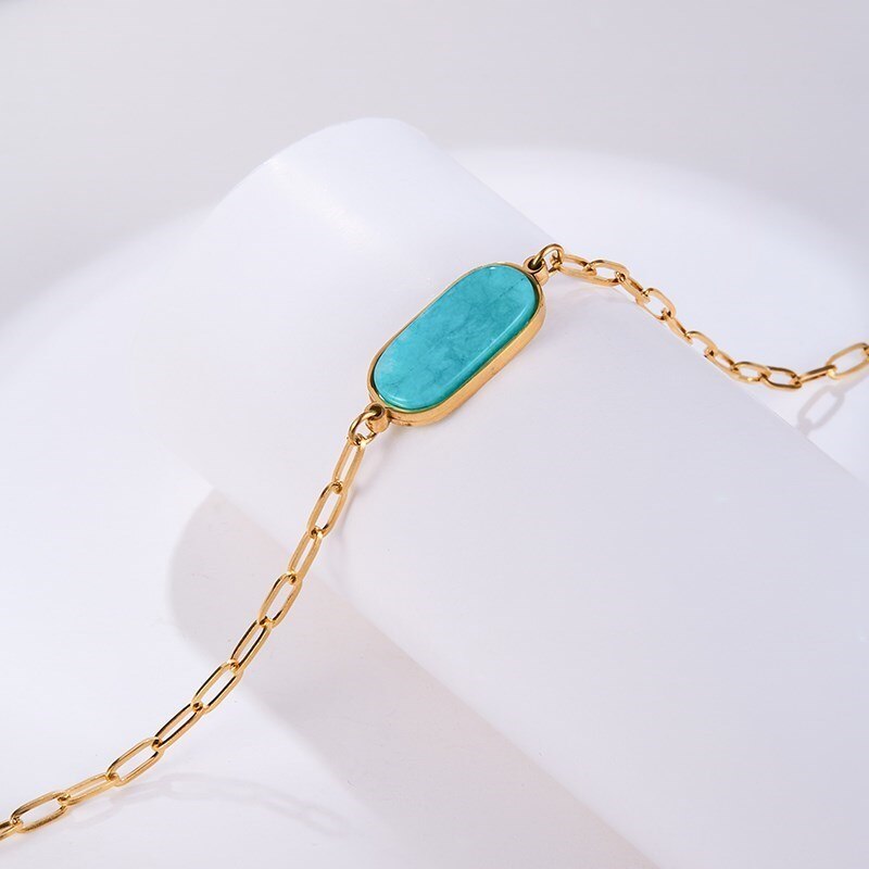 CHANGE BETTER Natural Blue Chalcedony Oval Collar Pendant Necklace Women Gold Color Titanium Steel Elegant Chain Choker Jewelry